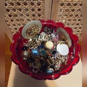 Assorted Vintage & Modern Clip-On Earrings in Red Glass Acrylic Vase|40+ Pairs